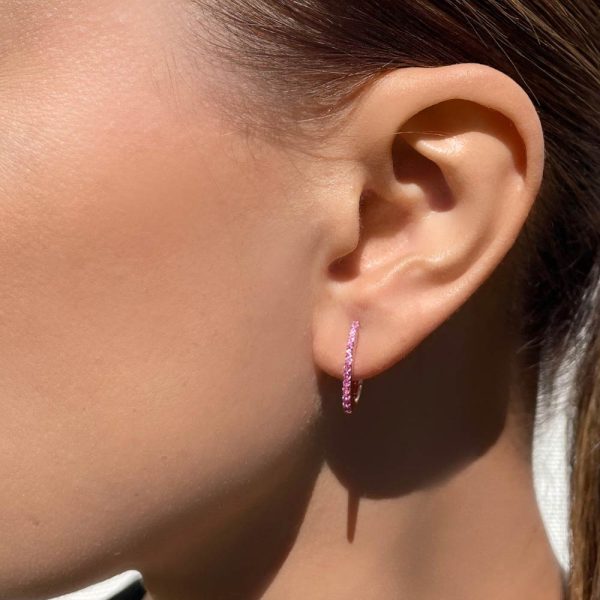 14K Rose Gold Pink Sapphire Hoop Earrings For Woman